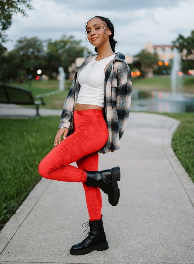 Conceited Velvet Leggings for Women - Premium Ultra-Soft Warm Velour Pants - Red - Large - Image 3