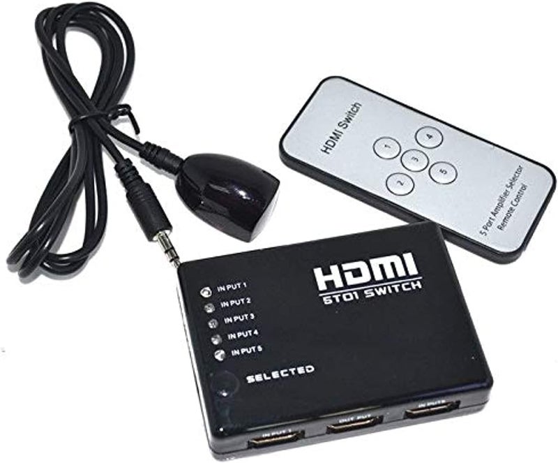 جيني محول HDMI صغير بـ5 منافذ بدقة 1080 بيكسل مع جهاز تحكم عن بعد بالاشعة تحت الحمراء - اسود