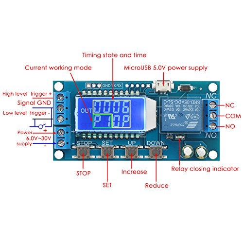 DROK Timer Relay - 5V/12V/24V Time Delay Relay Switch Delay-Off Cycle Timer 0.01s-9999mins with LCD Display Support Micro USB 5V Power Supply - Image 2