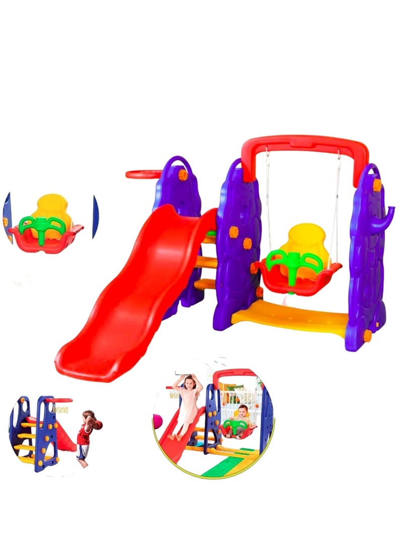 3-in-1 Play Set for Kids with Slide, Swing, and Basketball Hoop, Made from High-Density Polyethylene, for Indoor and Outdoor Use
