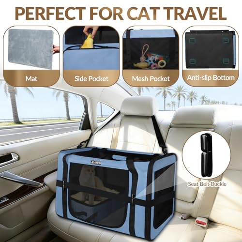 Petskd 26"x17"x17" Extra Large Cat Carrier with Litter Box for Large Cat or 2 Small Cats under 55LBS, Collapsible Soft Sided Pet Carrier for Car Travel with Seat Belt Buckles and Locking Zippers(Blue) - Image 2