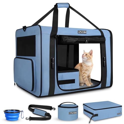 Petskd 26"x17"x17" Extra Large Cat Carrier with Litter Box for Large Cat or 2 Small Cats under 55LBS, Collapsible Soft Sided Pet Carrier for Car Travel with Seat Belt Buckles and Locking Zippers(Blue) - Image 1