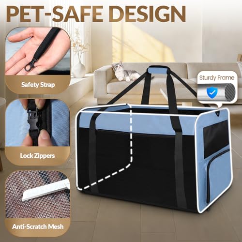 Petskd 26"x17"x17" Extra Large Cat Carrier with Litter Box for Large Cat or 2 Small Cats under 55LBS, Collapsible Soft Sided Pet Carrier for Car Travel with Seat Belt Buckles and Locking Zippers(Blue) - Image 5