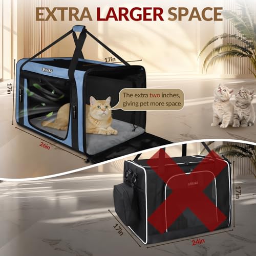 Petskd 26"x17"x17" Extra Large Cat Carrier with Litter Box for Large Cat or 2 Small Cats under 55LBS, Collapsible Soft Sided Pet Carrier for Car Travel with Seat Belt Buckles and Locking Zippers(Blue) - Image 4