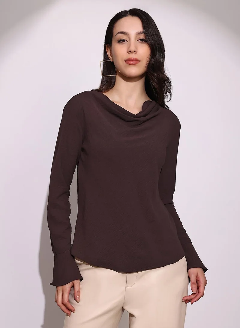 globus Globus Women Brown Cowl Neck Flared Sleeves Curved Hem Party Top
