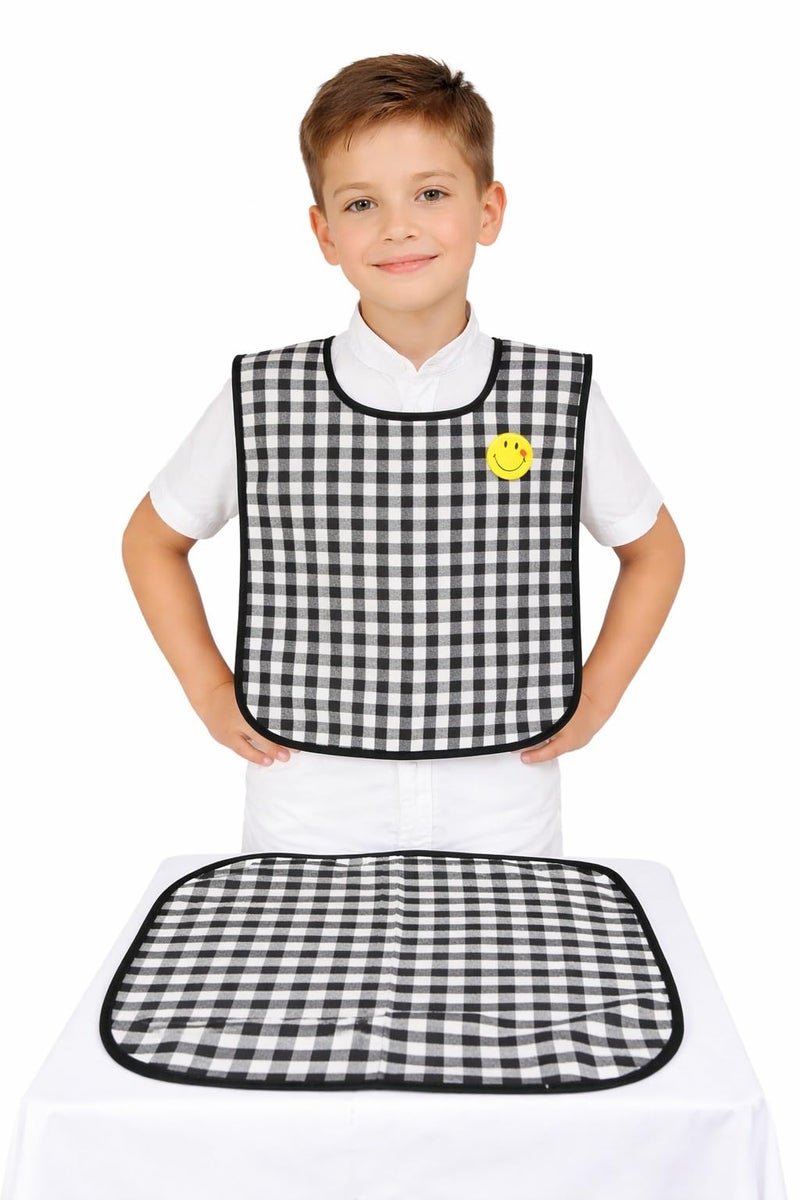 Switchon Waterproof Cotton Kids Apron with Food Mat | Checks Design | Lightweight Multi-Purpose Lunch Time for Boys & Girls (6-13 Years) | School, Gift & Return Gift Black and White - Image 1