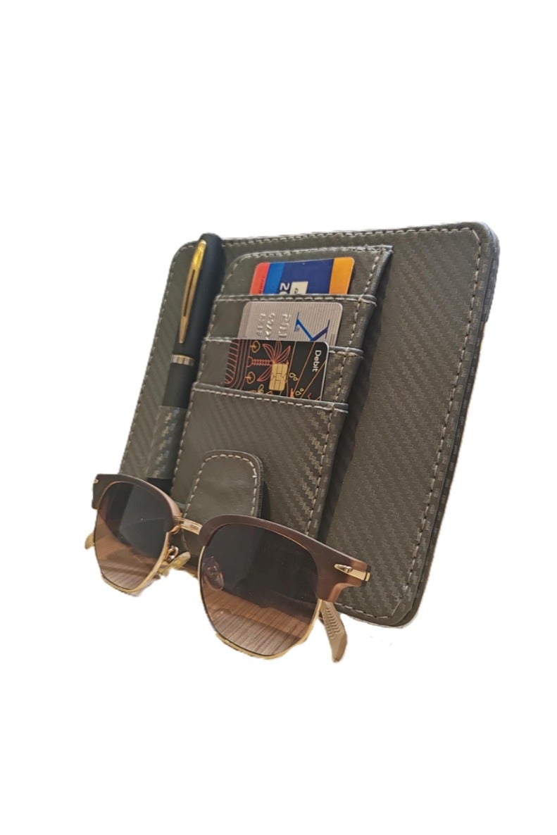 منظم واقي الشمس من الجلد للسيارة - مساحة تخزين واقي الشمس من الجلد الصناعي مع فتحات للبطاقات، وجيب شبكي، ومشبك مغناطيسي للنظارات الشمسية، وحامل أقلام - مناسب لجميع أنواع السيارات وسيارات الدفع الرباعي (ألياف الكربون الرمادية، صغير) - Image 2