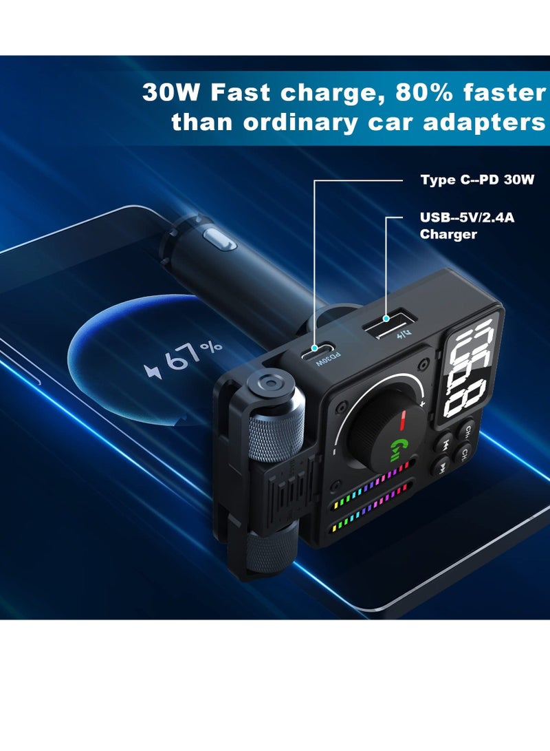 Bluetooth 5.3 FM Transmitter for Car, Bluetooth Car Adapter, PD 30W Type C Fast Charge and USB Port, HiFi Treble  Bass Player, Color Screen,  Music Light Bar, Support Hands-Free Calling - Image 4