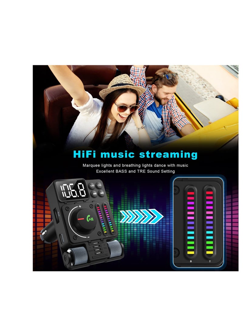 Bluetooth 5.3 FM Transmitter for Car, Bluetooth Car Adapter, PD 30W Type C Fast Charge and USB Port, HiFi Treble  Bass Player, Color Screen,  Music Light Bar, Support Hands-Free Calling - Image 2
