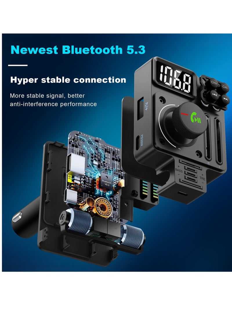 Bluetooth 5.3 FM Transmitter for Car, Bluetooth Car Adapter, PD 30W Type C Fast Charge and USB Port, HiFi Treble  Bass Player, Color Screen,  Music Light Bar, Support Hands-Free Calling - Image 3
