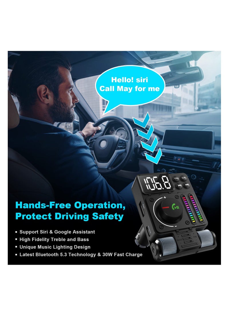 Bluetooth 5.3 FM Transmitter for Car, Bluetooth Car Adapter, PD 30W Type C Fast Charge and USB Port, HiFi Treble  Bass Player, Color Screen,  Music Light Bar, Support Hands-Free Calling - Image 5