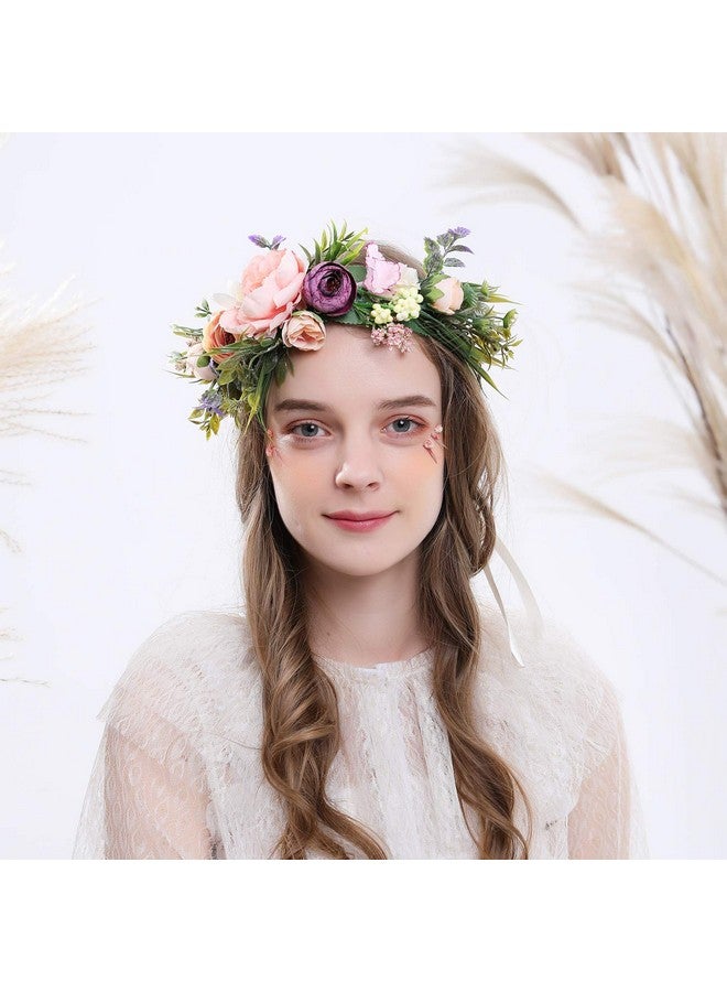 LLinfflr Women Floral Crown Boho Flower Headband Hair Wreath Floral Halo Headpiece With Ribbon Wedding Party Festival Photos - Image 2