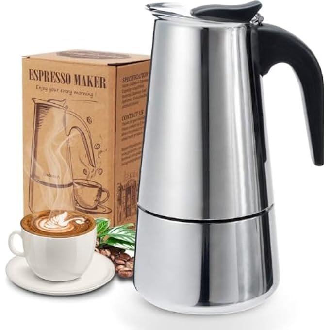 MedMad Stovetop Espresso Maker Stainless Steel Espresso Pots Stove For Induction CookersCafe Maker For Camping Teatime 6 Cup - Image 1
