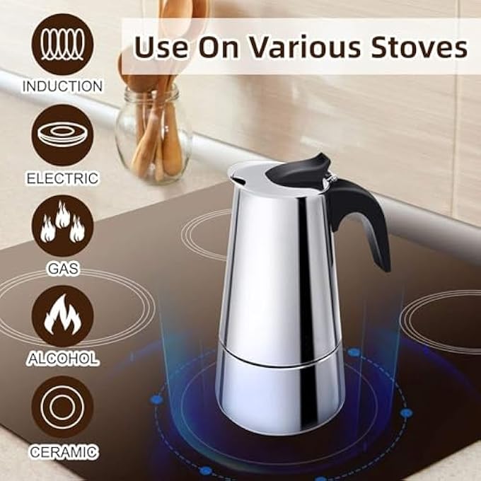 MedMad Stovetop Espresso Maker Stainless Steel Espresso Pots Stove For Induction CookersCafe Maker For Camping Teatime 6 Cup - Image 2