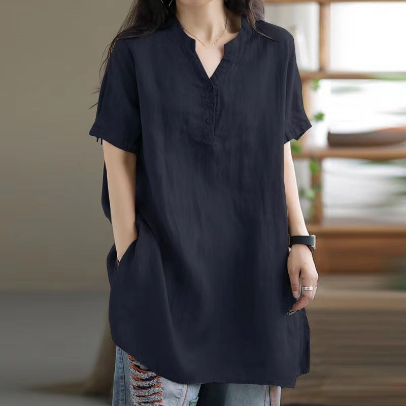In the spring and summer of 2023, the new womens clothing independent station wish cross-border Europe and the United States long top solid color twist button womens clothing Khaki - Image 1