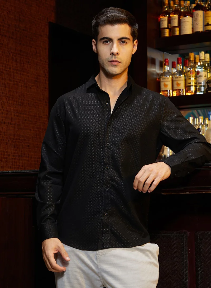 Campus Sutra Men's Onyx Black Cross-Stitch Imprint Shirt