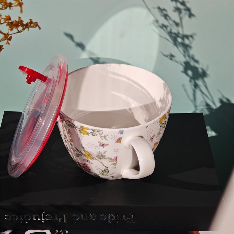 CDFZJC Lightweight Large Soup Mug with Lid Microwave Safe Bone China Soup Bowls with Handles, 21 fl oz Big Coffee Cup For Tea, Cereal, Soups, Large Handle for Comfort, Floral Design Gift for Women - Image 2