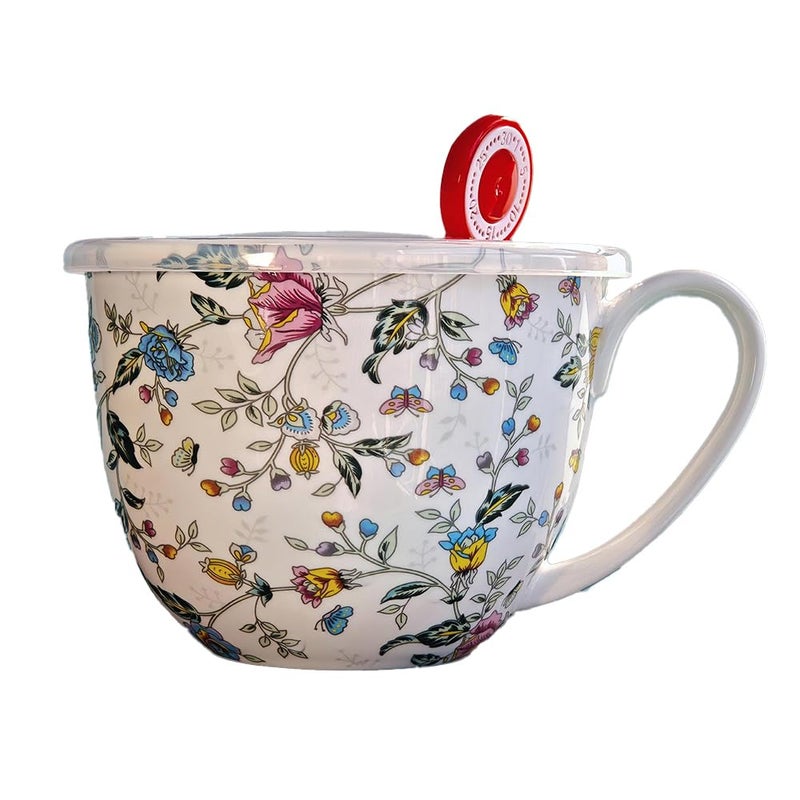 CDFZJC Lightweight Large Soup Mug with Lid Microwave Safe Bone China Soup Bowls with Handles, 21 fl oz Big Coffee Cup For Tea, Cereal, Soups, Large Handle for Comfort, Floral Design Gift for Women - Image 1