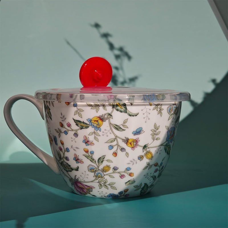 CDFZJC Lightweight Large Soup Mug with Lid Microwave Safe Bone China Soup Bowls with Handles, 21 fl oz Big Coffee Cup For Tea, Cereal, Soups, Large Handle for Comfort, Floral Design Gift for Women - Image 4