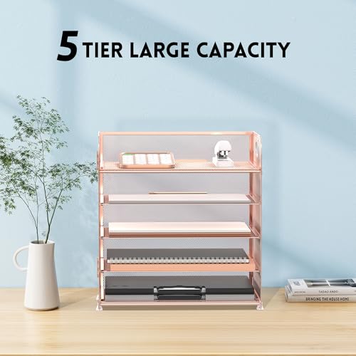 Supeasy 5 Trays Paper Organizer Letter Tray with Handle-Mesh Desk File Organizer, Paper Sorter Desk Organizer for Office, Home or School (Rose Gold) - Image 4