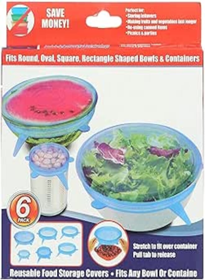 Stretch silicone cover for cans and food storage boxes, 6 pieces - clear and blue