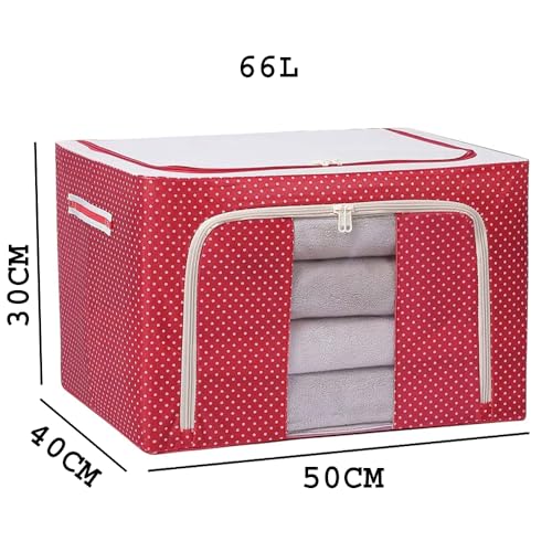 Raggle polycotton Clothes Storage Organizer Bins, Foldable Storage Bins-Cloth Steel Frame Storage Box with Foldable Clear Window & Reinforced Handles (Red, 66L-1) - Image 2