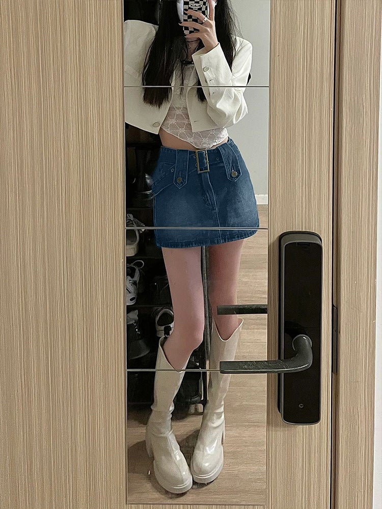 Denim Skirt Women's 2024 Spring New Arrival Vintage All-Match Fashion Spice Girl's Short Skirt Hip Skirt Skirt - Image 4