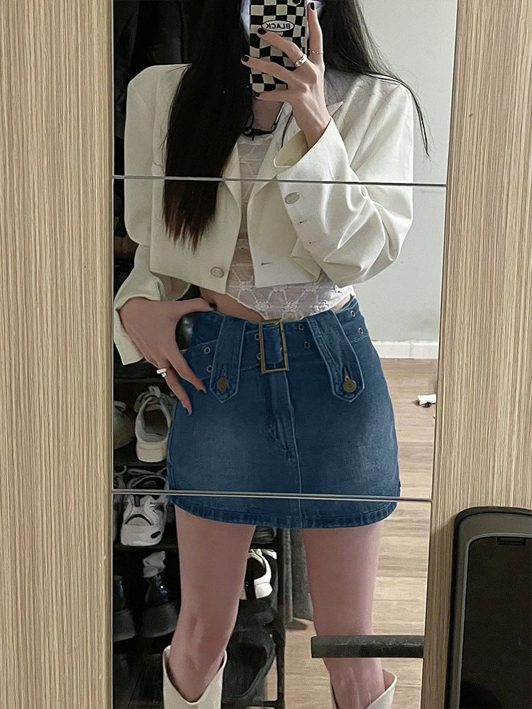 Denim Skirt Women's 2024 Spring New Arrival Vintage All-Match Fashion Spice Girl's Short Skirt Hip Skirt Skirt - Image 3
