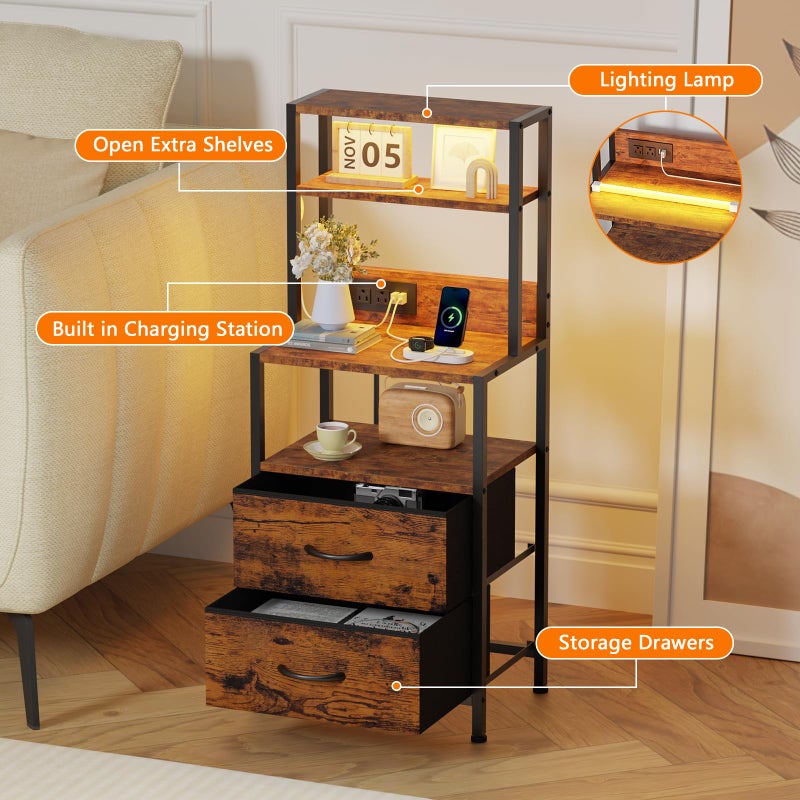 Furnulem Night Stand, Tall Nightstand with 4-Tier Shelves, 2 Fabric Drawers and Light Tube, Bed Side Tables with Charging Station, Bedside Table for Bedroom, Office, Rustic Brown - Image 4
