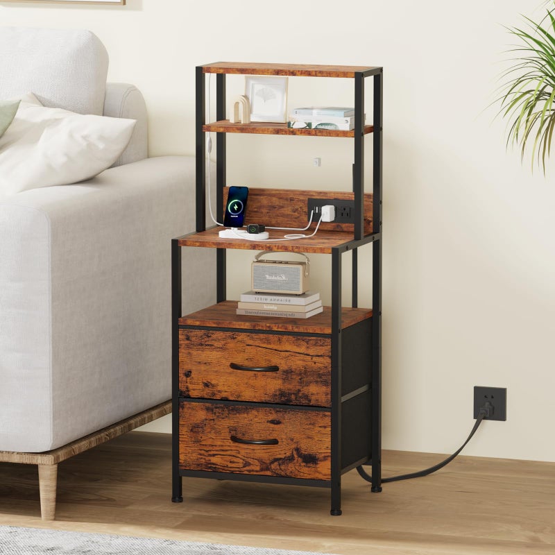 Furnulem Night Stand, Tall Nightstand with 4-Tier Shelves, 2 Fabric Drawers and Light Tube, Bed Side Tables with Charging Station, Bedside Table for Bedroom, Office, Rustic Brown - Image 3