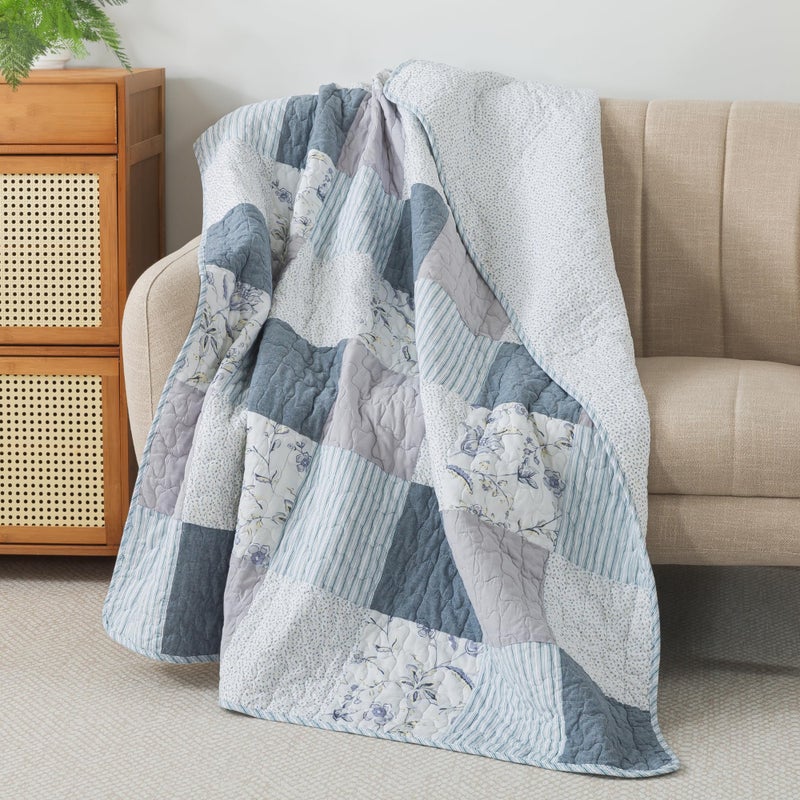 SLPR Cotton Quilted Throw Blanket, 50" x 60" Floral Farmhouse Patchwork Quilt, Shabby Chic Patchwork Throw Lap Quilt for Couch, Coastal Dream - Image 1