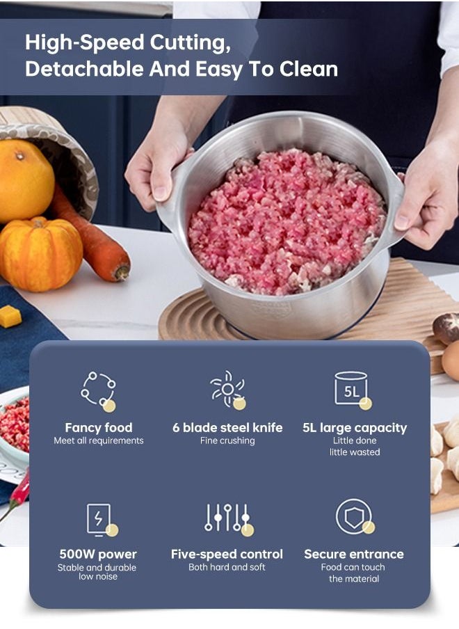 Perfin - محضرة طعام كهربائية بـ 5 سرعات، سعة 5 لتر، قوة 500 وات، مفرمة، مفرمة طعام متعددة الأغراض باللون الأزرق - Image 1