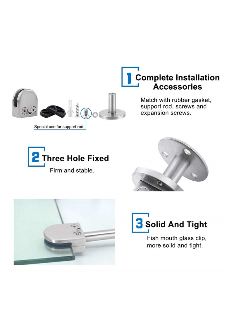 SYOSI - Stainless Steel Glass Clamps, 2 Set Adjustable Glass Shelf Bracket, 10mm Stainless Steel Silver Brushed U Shape Balustrade Bracket Glass Clip for Glass Screens, Bathroom Glass Doors, Railings - Image 1