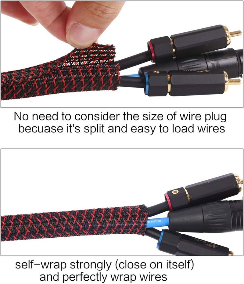 Alex Tech 25 mm - 3.1 m Self-Closing Cable Sleeve, Woven Cable Sheath, Cable Protector, Cut to Size, Black, Red, for TV, Computer, Home Cinema, Automotive Cable at Home and in the Office - Image 2