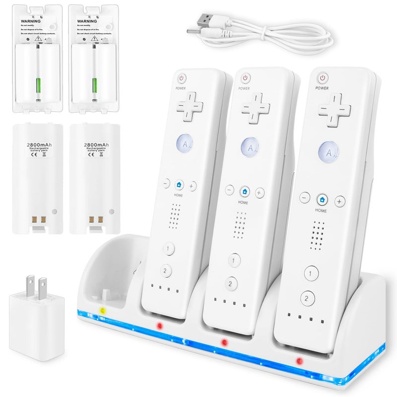 4in1 Charger Station for WiiWii U Remote Controller Charging with 4 Pack 2800mAh Rechargeable Battery Pack4 Port Charging StationPlugsUSB CableNot Include Remote White