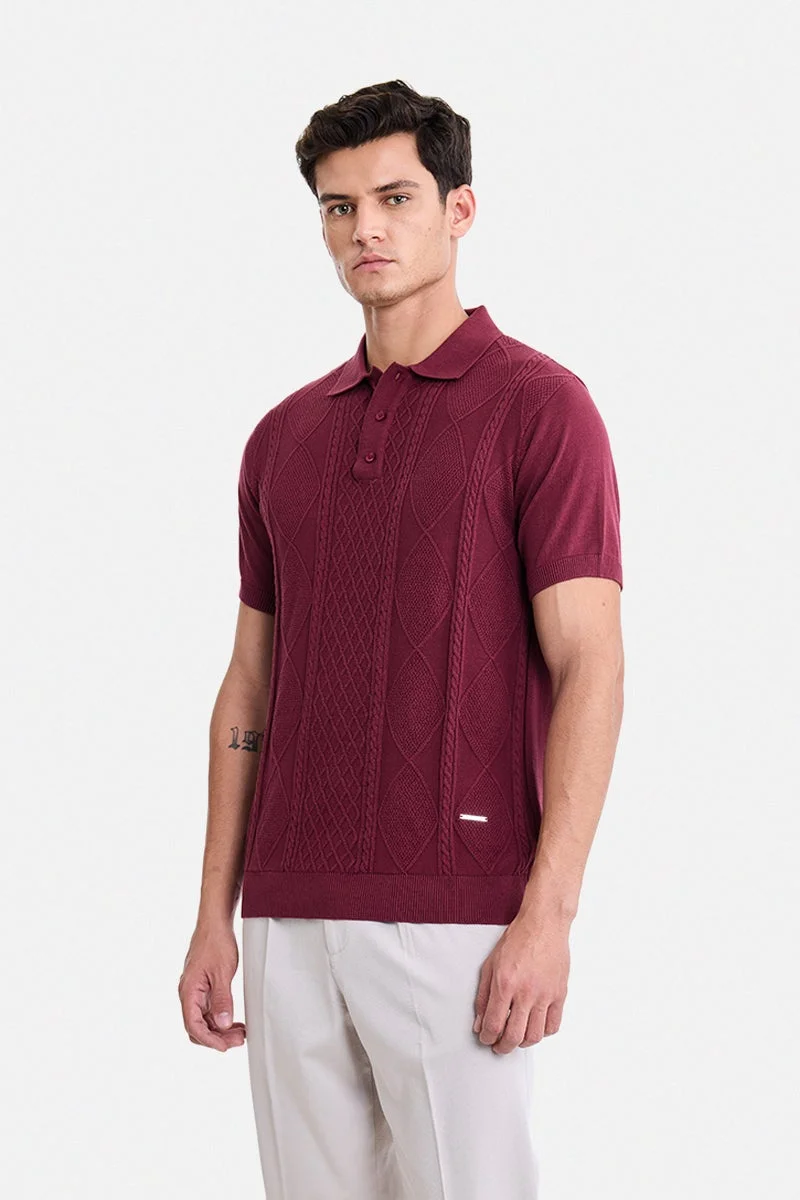 سنيتش Wine Textured Short Sleeve Regular Fit T-Shirt