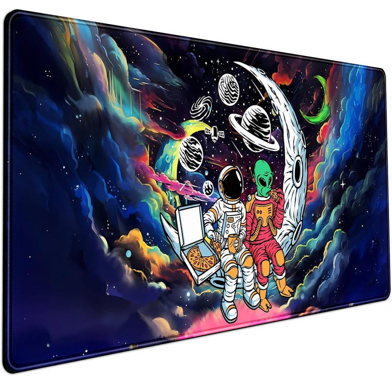 Mechanical Cattle Funny Space Mouse Pad Desk Mat Astronaut Alien Large Gaming Mouse Pads Anime Desk Pad Mousepad XXL Cool Trippy Universe Extended Keyboard Mat with Stitched Edges Anti-Slip, 31.5 X 15.8 in - Image 1