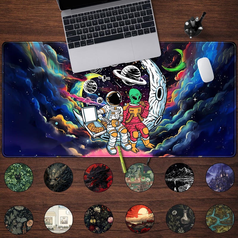 Mechanical Cattle Funny Space Mouse Pad Desk Mat Astronaut Alien Large Gaming Mouse Pads Anime Desk Pad Mousepad XXL Cool Trippy Universe Extended Keyboard Mat with Stitched Edges Anti-Slip, 31.5 X 15.8 in - Image 2