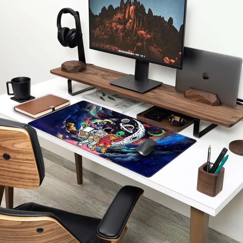 Mechanical Cattle Funny Space Mouse Pad Desk Mat Astronaut Alien Large Gaming Mouse Pads Anime Desk Pad Mousepad XXL Cool Trippy Universe Extended Keyboard Mat with Stitched Edges Anti-Slip, 31.5 X 15.8 in - Image 3