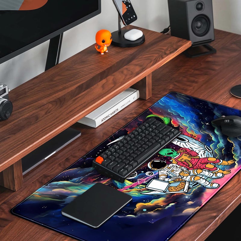 Mechanical Cattle Funny Space Mouse Pad Desk Mat Astronaut Alien Large Gaming Mouse Pads Anime Desk Pad Mousepad XXL Cool Trippy Universe Extended Keyboard Mat with Stitched Edges Anti-Slip, 31.5 X 15.8 in - Image 5