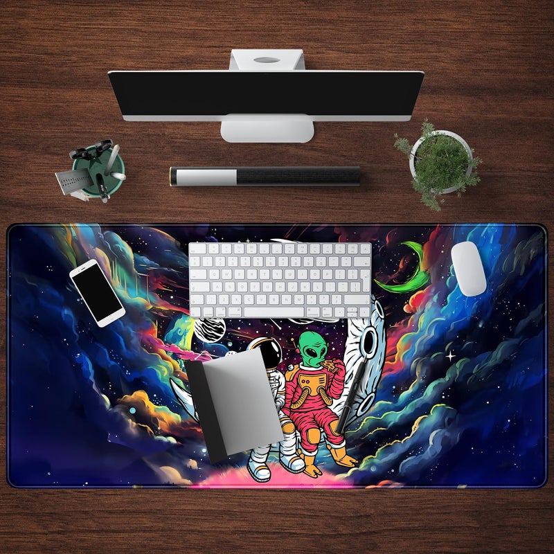 Mechanical Cattle Funny Space Mouse Pad Desk Mat Astronaut Alien Large Gaming Mouse Pads Anime Desk Pad Mousepad XXL Cool Trippy Universe Extended Keyboard Mat with Stitched Edges Anti-Slip, 31.5 X 15.8 in - Image 4