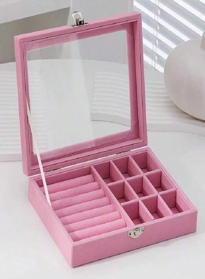 NIWRT Clear Lid Velvet Jewelry Organizer Box with 9 Grids and 8 Slots for Rings Earrings Necklaces Tray Display Case, (Pink) - Image 2