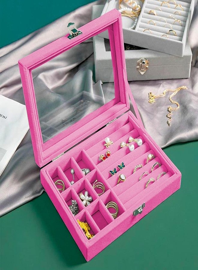NIWRT Clear Lid Velvet Jewelry Organizer Box with 9 Grids and 8 Slots for Rings Earrings Necklaces Tray Display Case, (Pink) - Image 1
