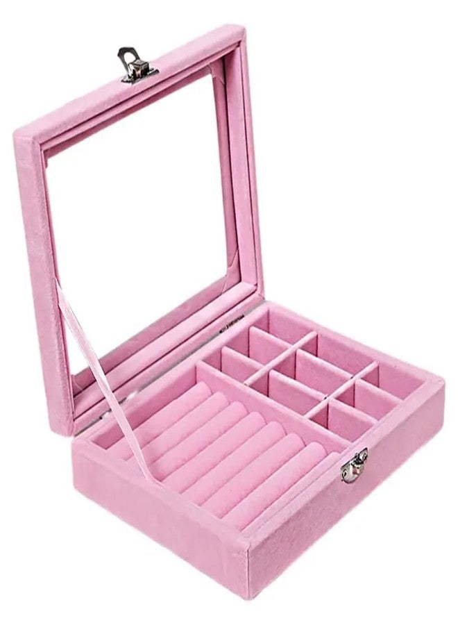 NIWRT Clear Lid Velvet Jewelry Organizer Box with 9 Grids and 8 Slots for Rings Earrings Necklaces Tray Display Case, (Pink) - Image 4