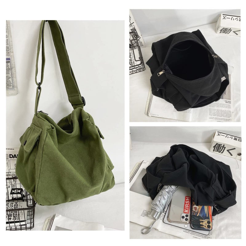 KlaOYer Canvas Messenger Bag Large Hobo Bag Crossbody Shoulder Bag Tote Bag with Pocket for Women and Men (Black 2) - Image 4