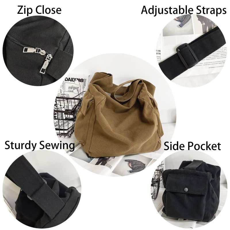 KlaOYer Canvas Messenger Bag Large Hobo Bag Crossbody Shoulder Bag Tote Bag with Pocket for Women and Men (Black 2) - Image 5