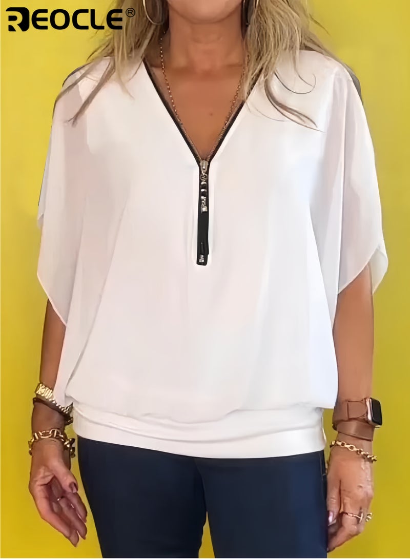 ريوكل بلوزة نسائية برقبة على شكل V بأكمام واسعة سحاب أمامي تصميم فضفاض مريحة وعملية قميص شيفون خفيف مناسب للعمل اليومي - Image 1