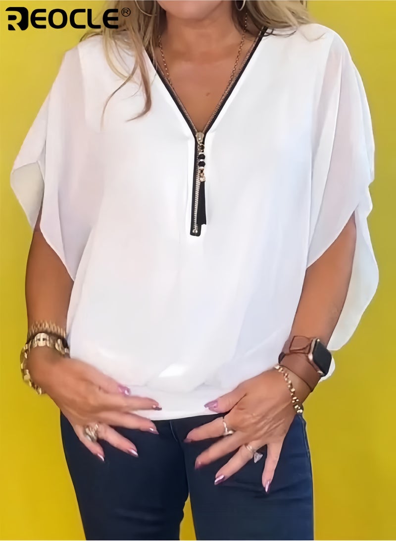 ريوكل بلوزة نسائية برقبة على شكل V بأكمام واسعة سحاب أمامي تصميم فضفاض مريحة وعملية قميص شيفون خفيف مناسب للعمل اليومي - Image 2