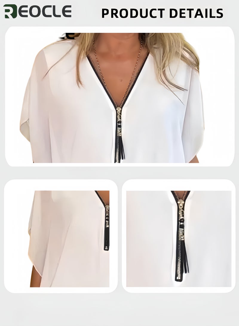 ريوكل بلوزة نسائية برقبة على شكل V بأكمام واسعة سحاب أمامي تصميم فضفاض مريحة وعملية قميص شيفون خفيف مناسب للعمل اليومي - Image 5