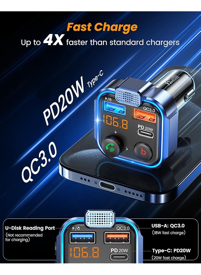 Lencent Car Fm Transmitter, Wireless Bluetooth 5.3 Radio Adapter Car Kit, Pd3.0 Type C 20W+Qc3.0 Car Fast Charger, Hands Free Calling, Bass Lossless Hi-Fi Sound Support U Disk - Image 5